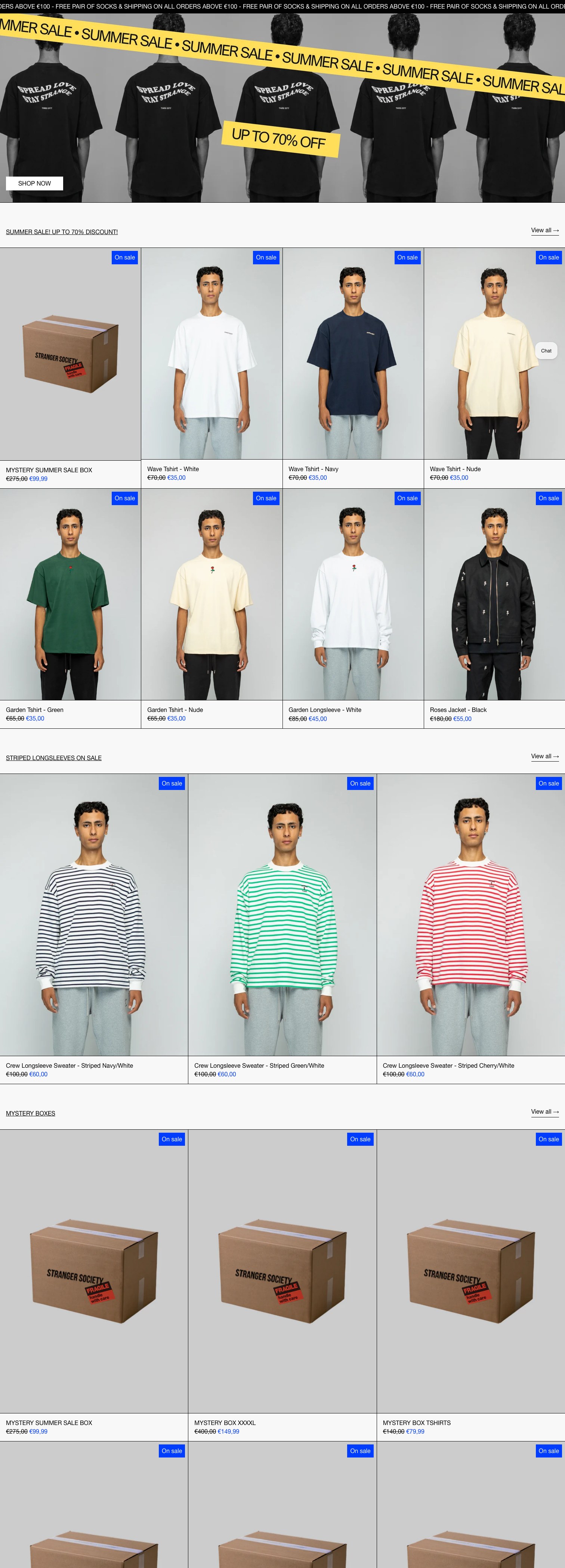 De oude Stranger Society shop op een standaard Shopify-thema